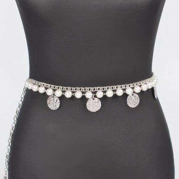 Faux Pearl Round Metal Chain Belt - Picture 3 of 4